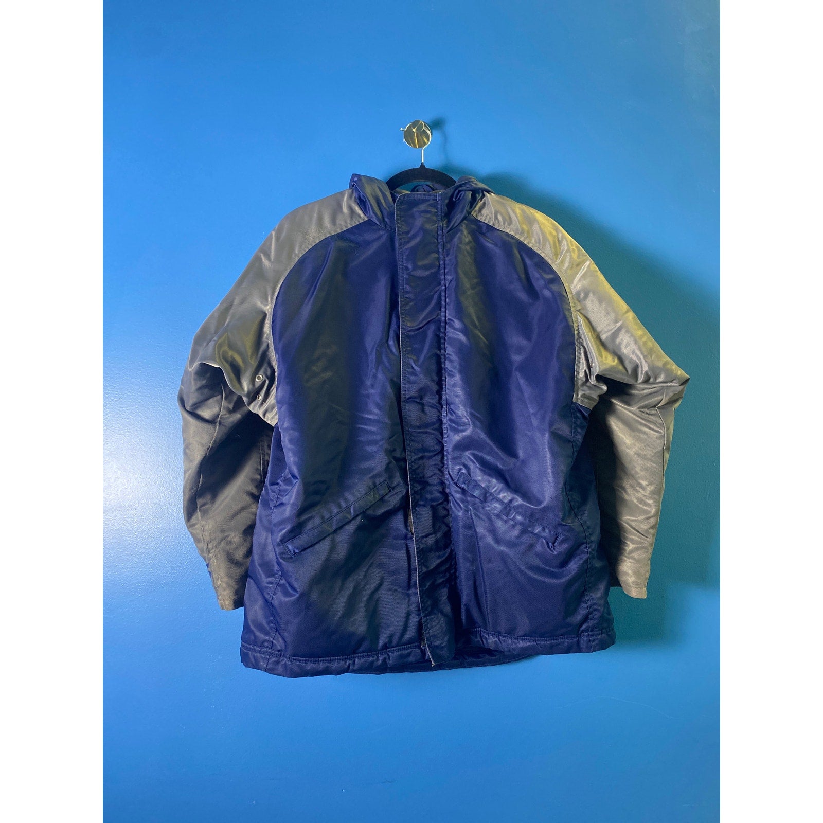 Vintage 90s Nike Big Swoosh Blue Gray Full Zip Hoodie Puffer Jacket Womens Large