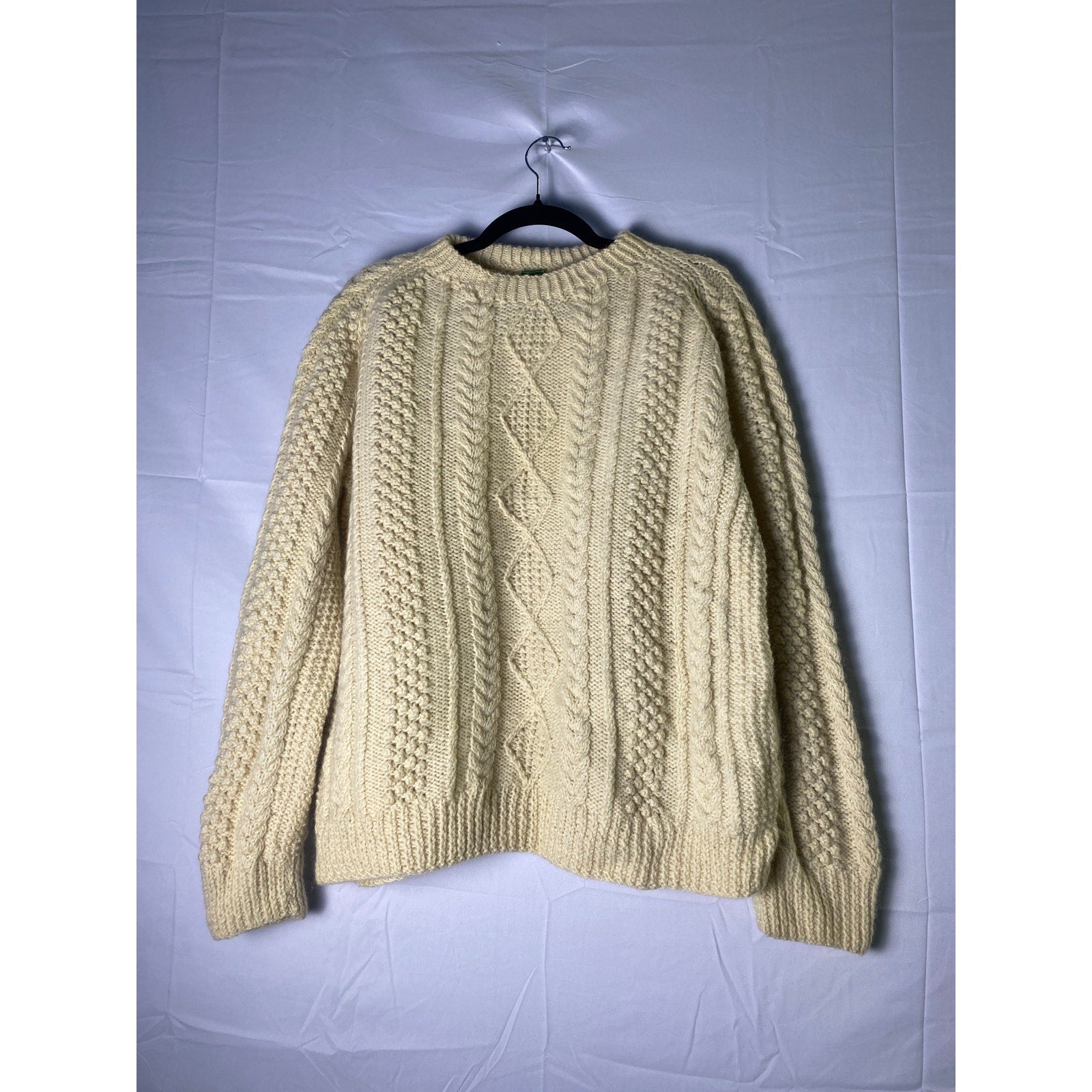 PURE NEW WOOL Cable-Knit Crew Neck Pullover Cream Sweater Women's Size Medium