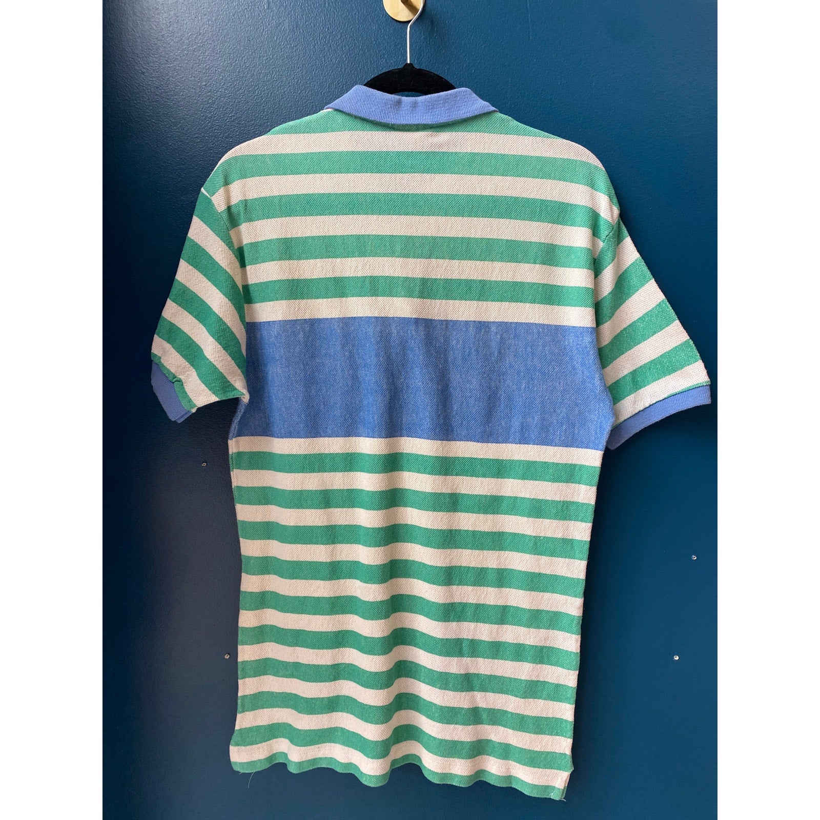 Vintage 80s Dispatch Green Blue Striped Knit Polo Shirt Short Sleeve Mens Medium