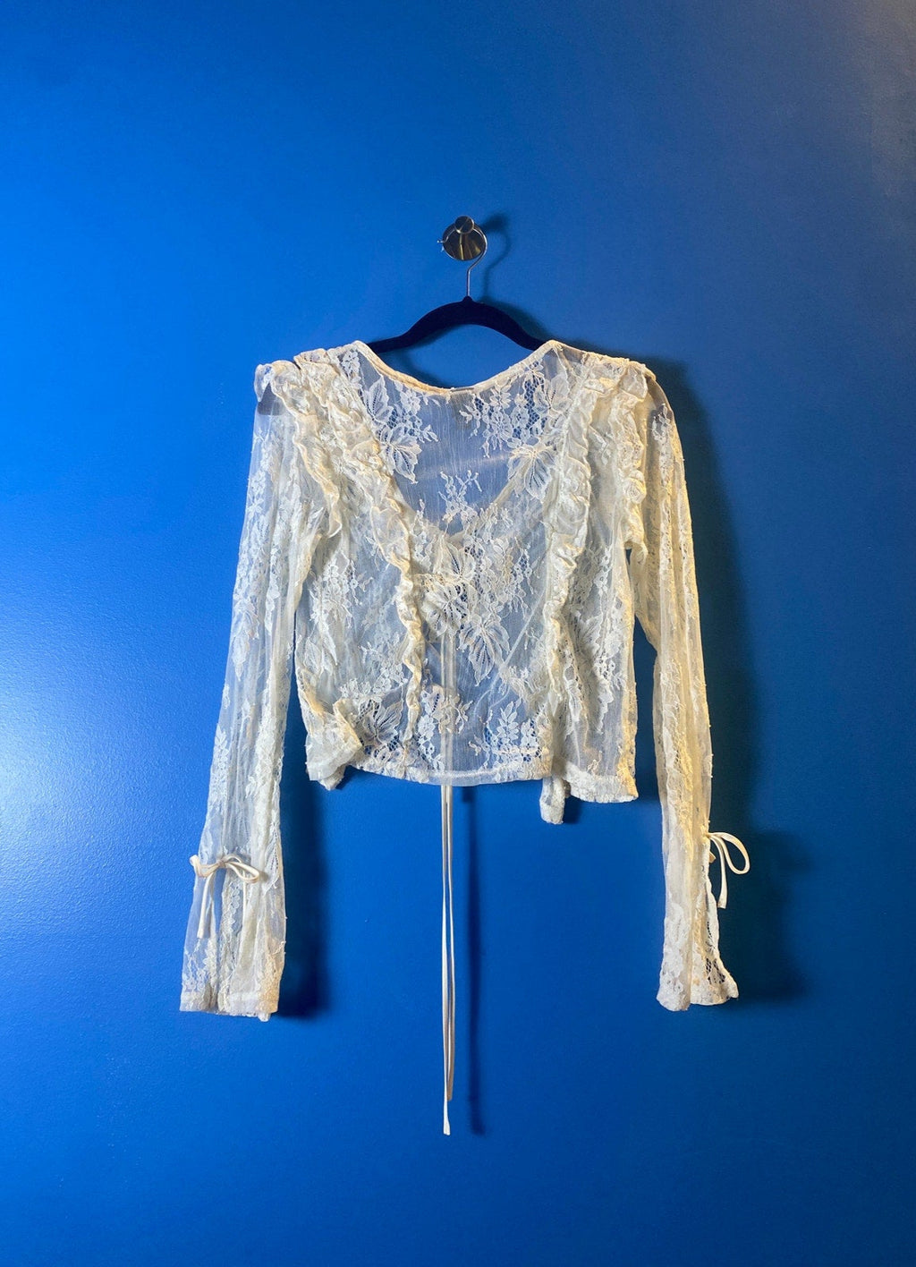 WF Cream Lace Cropped Cardigan Front Tie Long Sleeve Women's Size Small