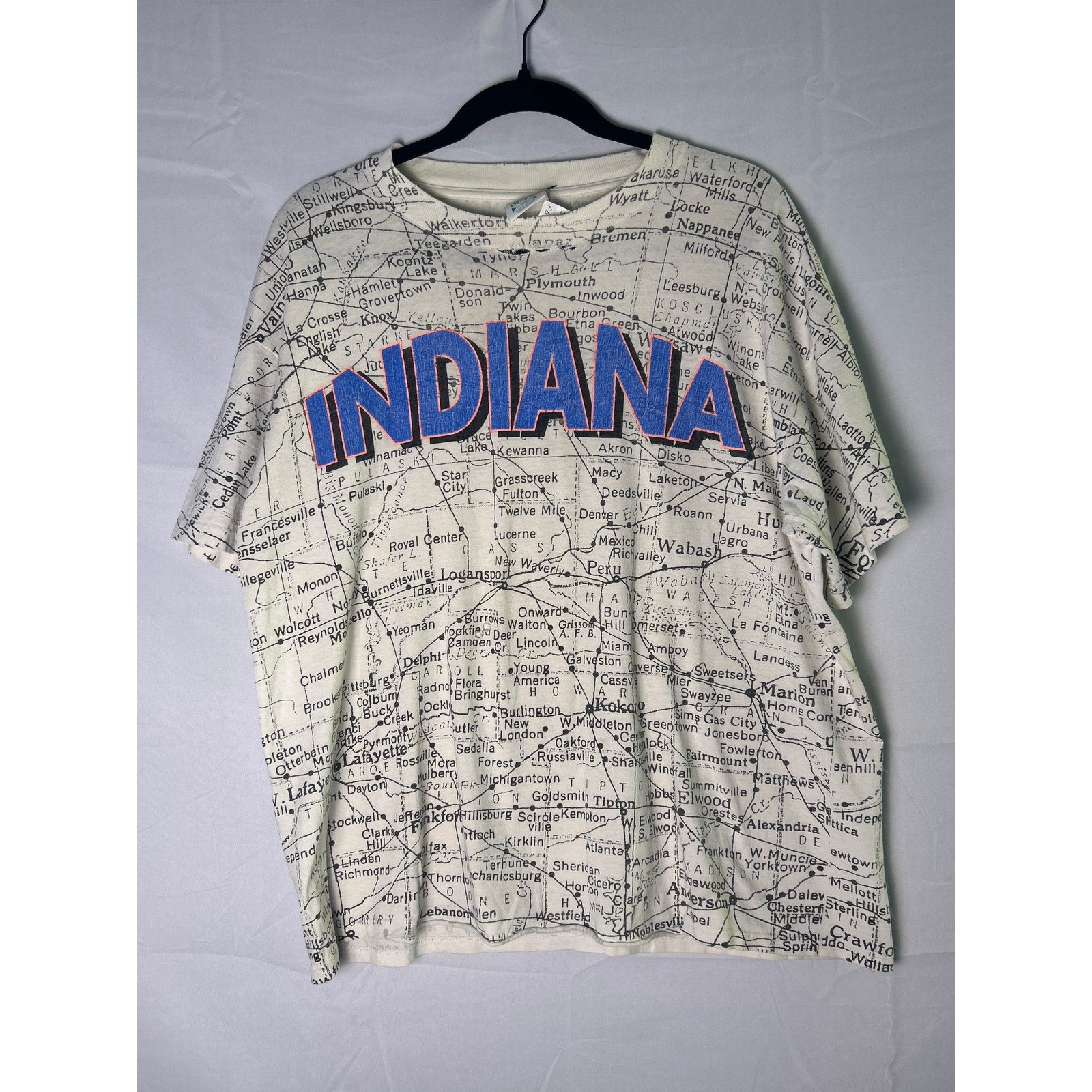 Vintage Indiana Map Short Sleeve  Faded All Over Print T-Shirt Cotton Mens Large