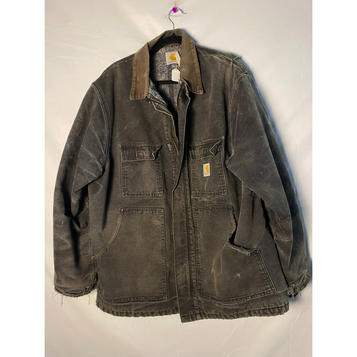 Carhartt Mens Gray Heavy Zip-Up Coat w/Frayed Edges