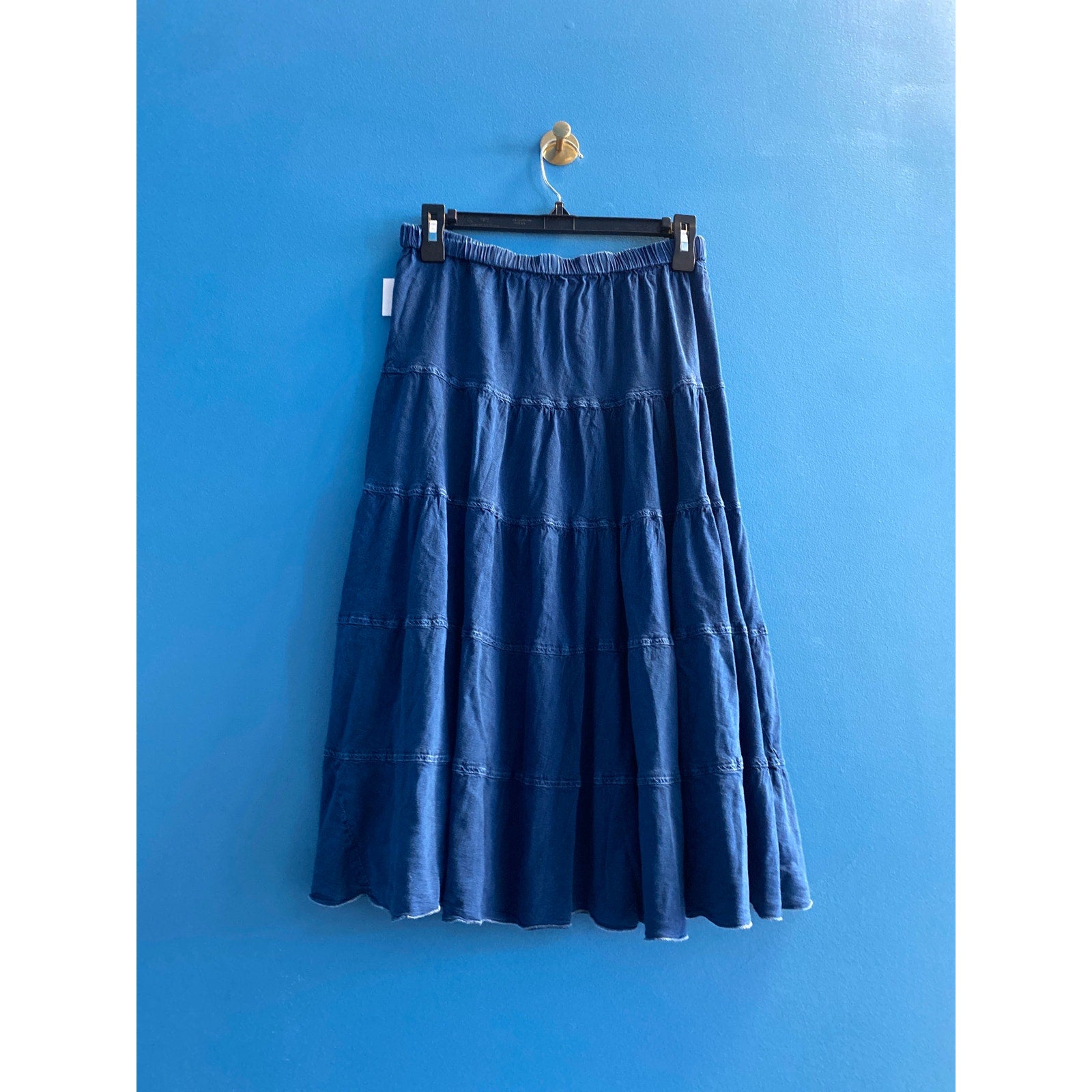 Y2K Studio West Blue Tiered Midi Flare Skirt Pull On Women's Size Medium