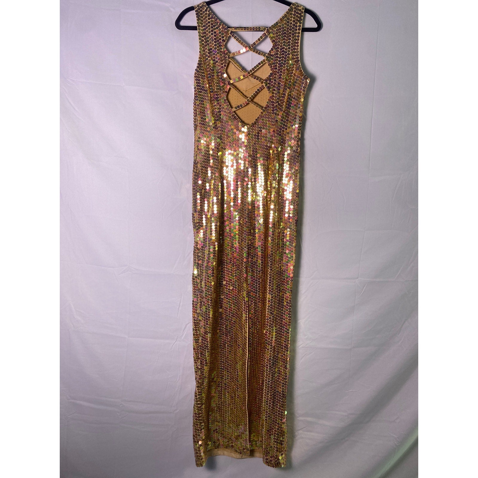 Vintage Robert Anthony Sequin Long Dress Criss-cross Back Sleeveless Women's 8