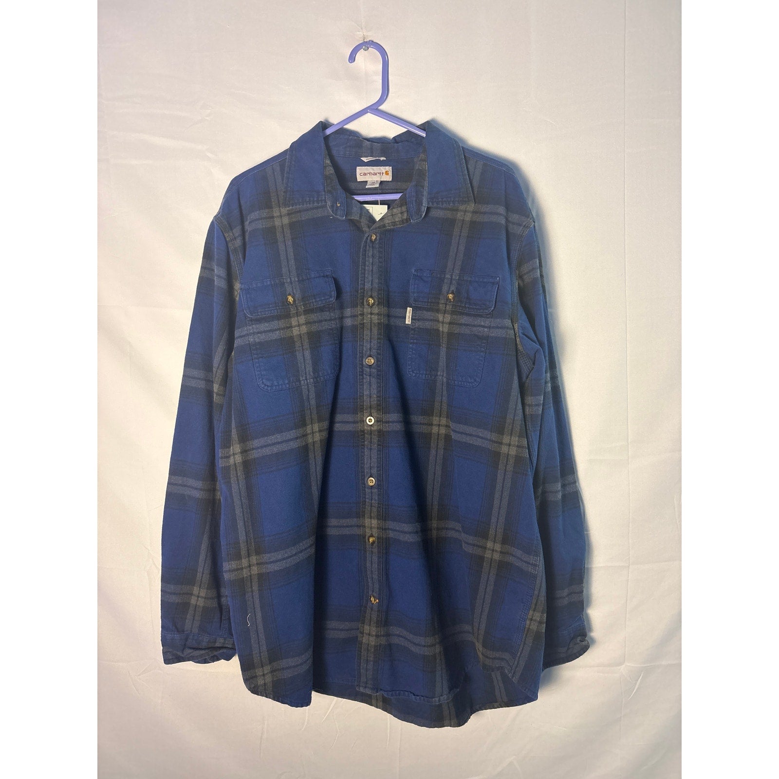 Carhartt Button Up Blue Plaid Flannel Long Sleeve Shirt Original Fit Men XL Tall