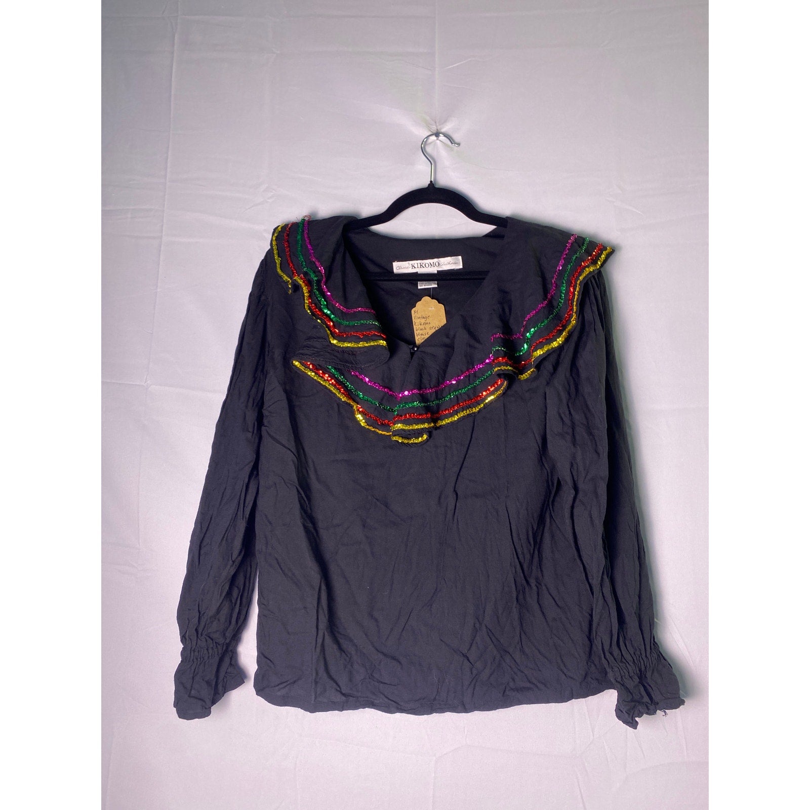 Vintage Classic KIKOMO Black Sequin Blouse Blowncore Long Sleeve Women's Medium