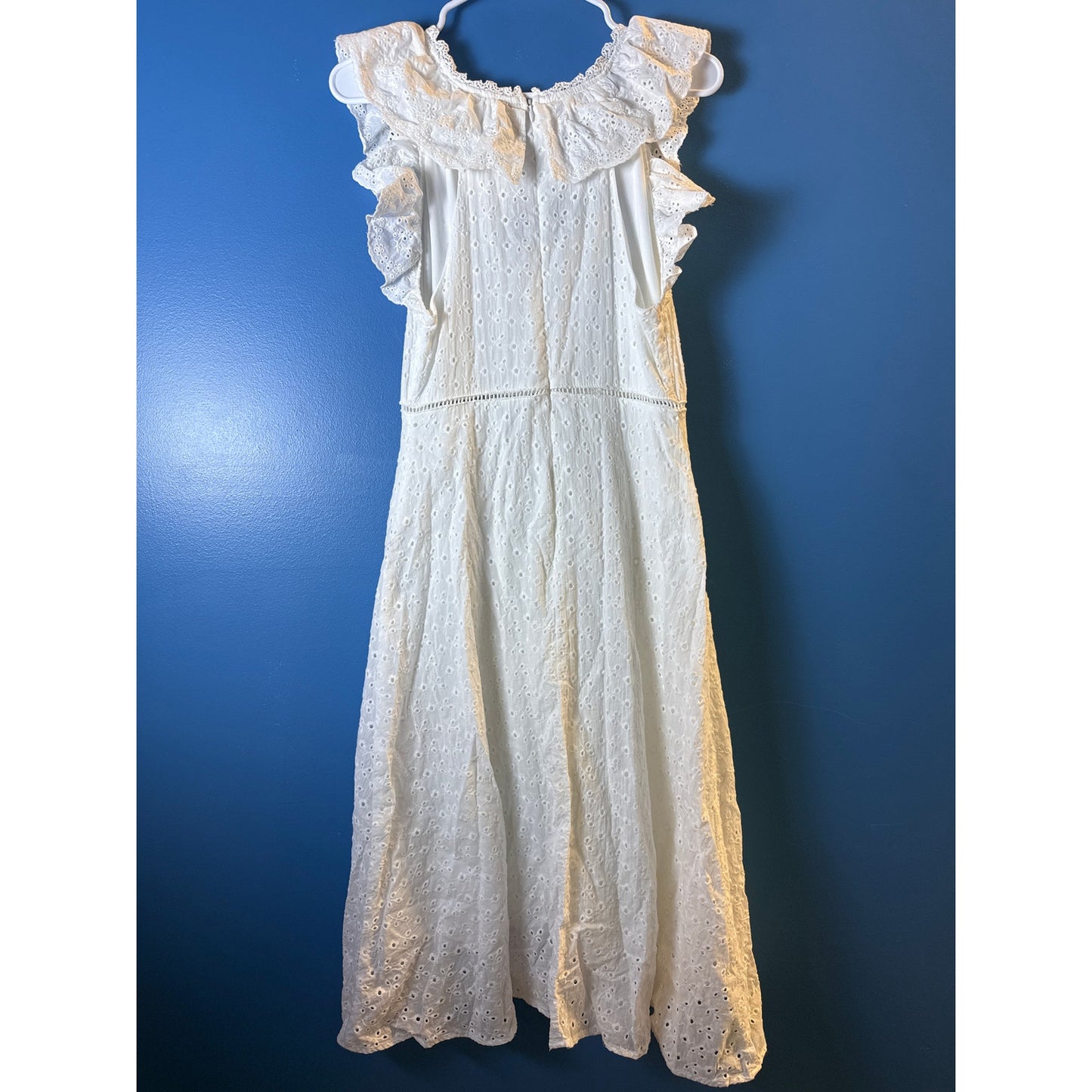 Blue Rain White Eyelet Embroidered Lace Ruffle V-Neck Midi Sundress Size Medium