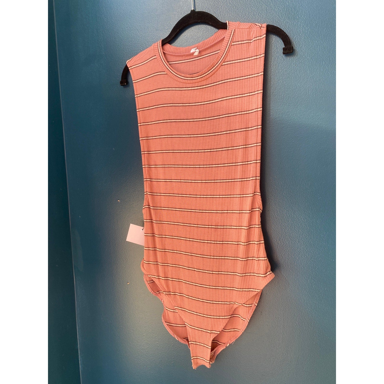 Urban Outfitters Pink White Striped Rib Knit Bodysuit Round Neck Women's Large
