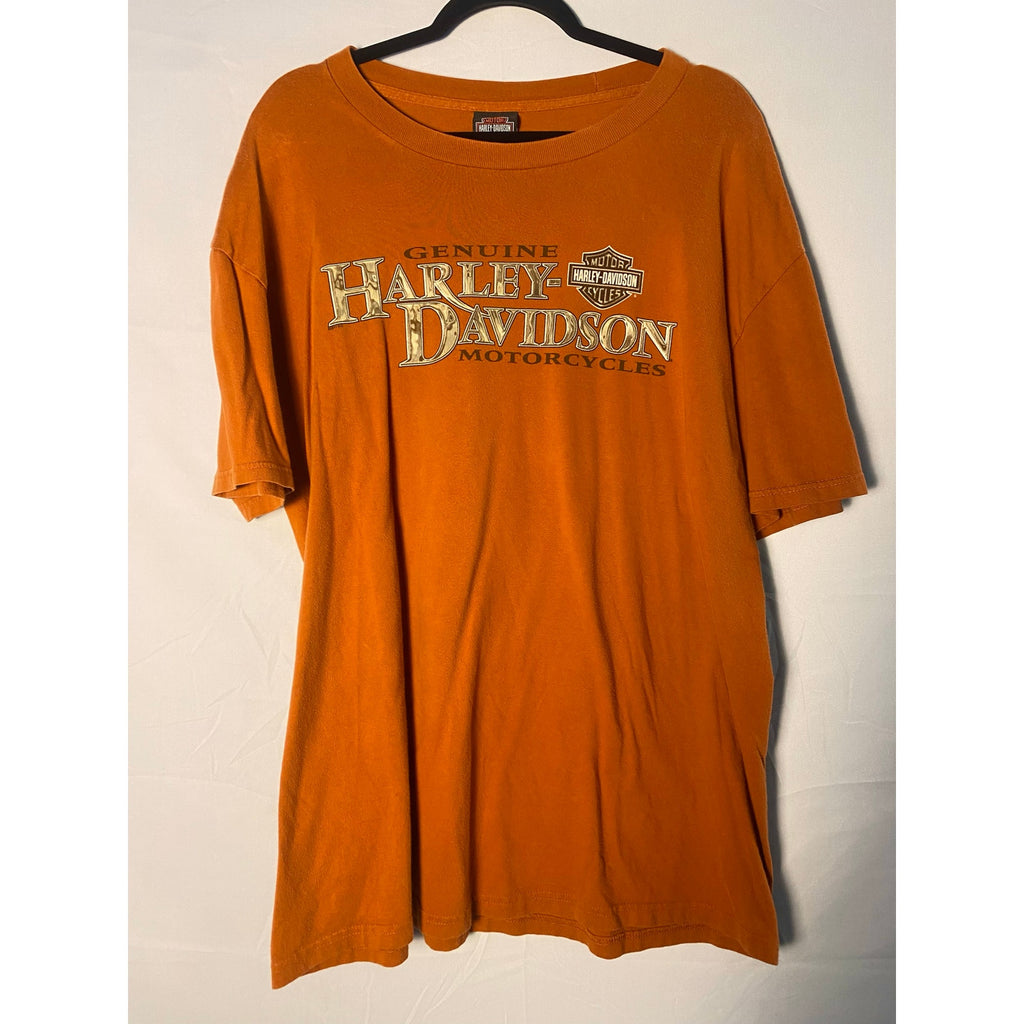 Harley Davidson Evansville, Indiana Orange Graphic Print Shirt Men's Size XL