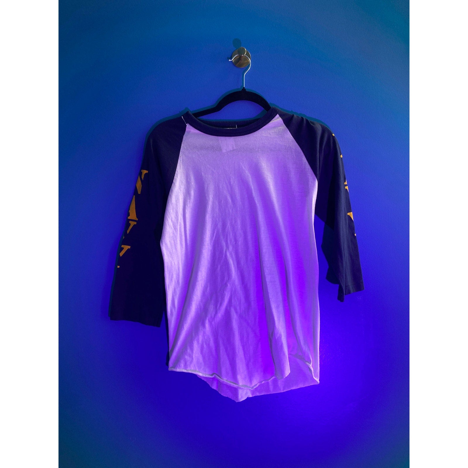 Screen Stars NAVY Print 3/4 Sleeve Blue White Raglan Shirt Women's Size Medium