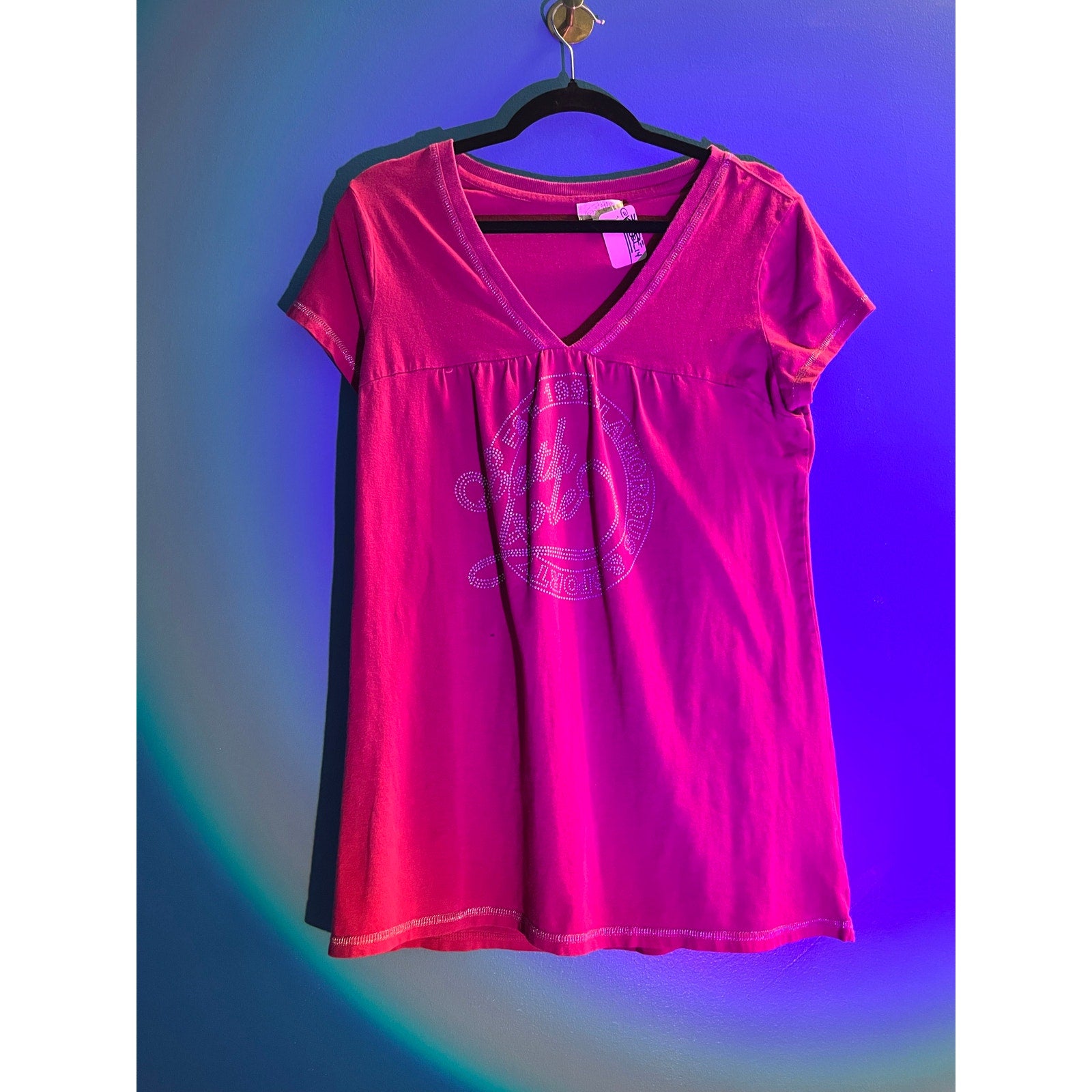 Southpole Pink V-neck Beaded Shirt Short Sleeve Women's Size XL