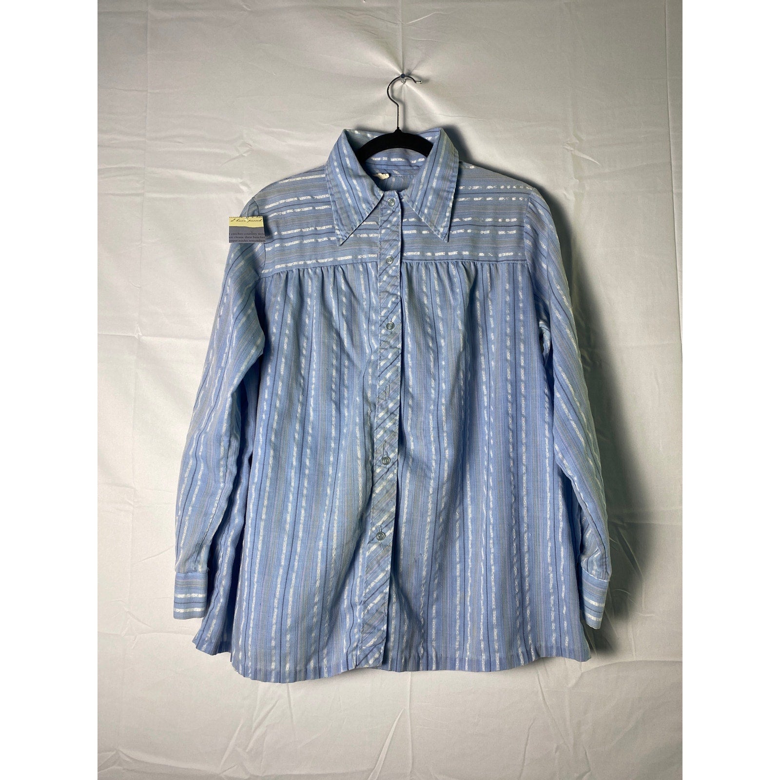 Vintage Light Blue Striped Cotton Blend Babydoll Yoke Button Up Shirt Size XL
