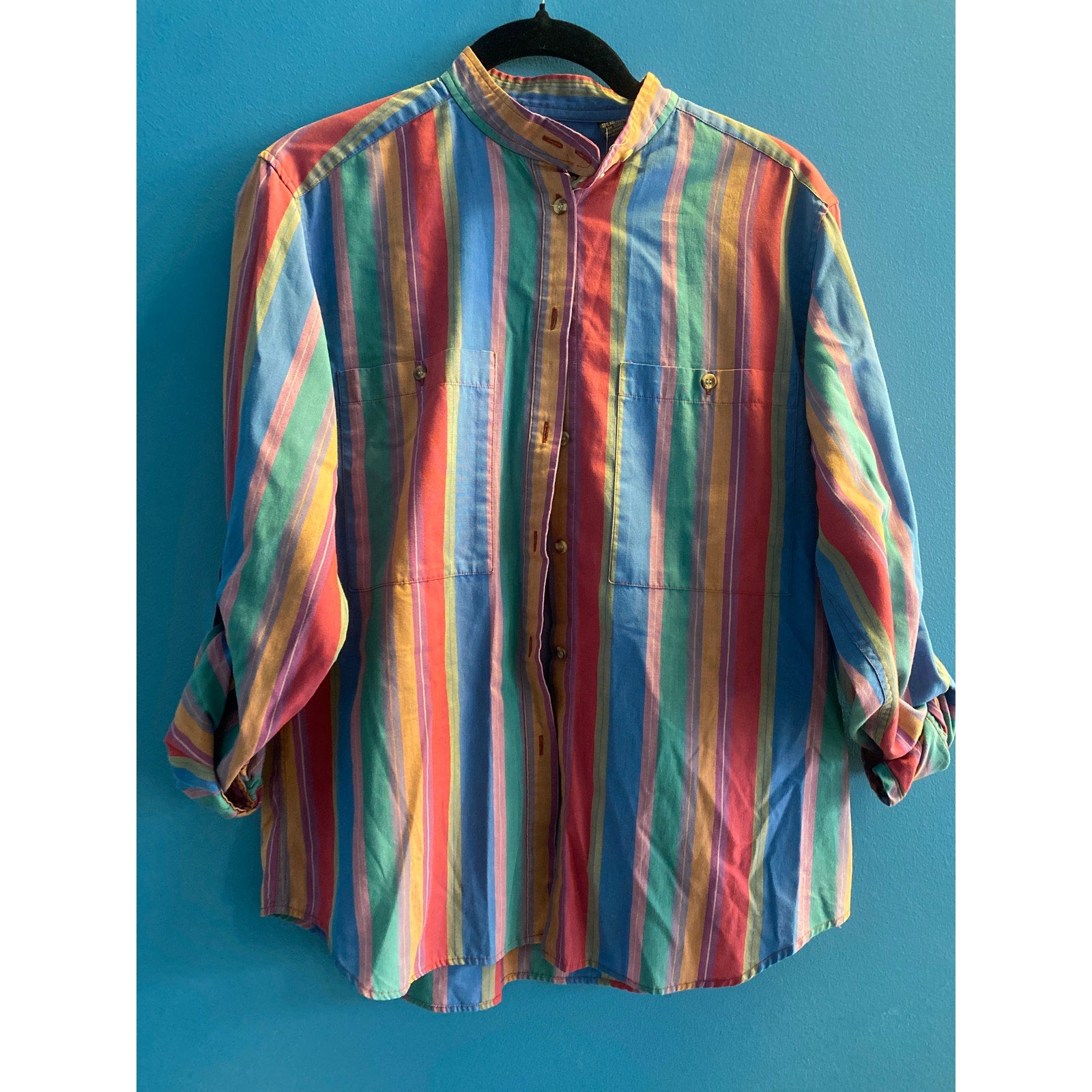 Vintage Button Up Multicolor Striped Long Sleeve Shirt Pocket Men's Size S/M