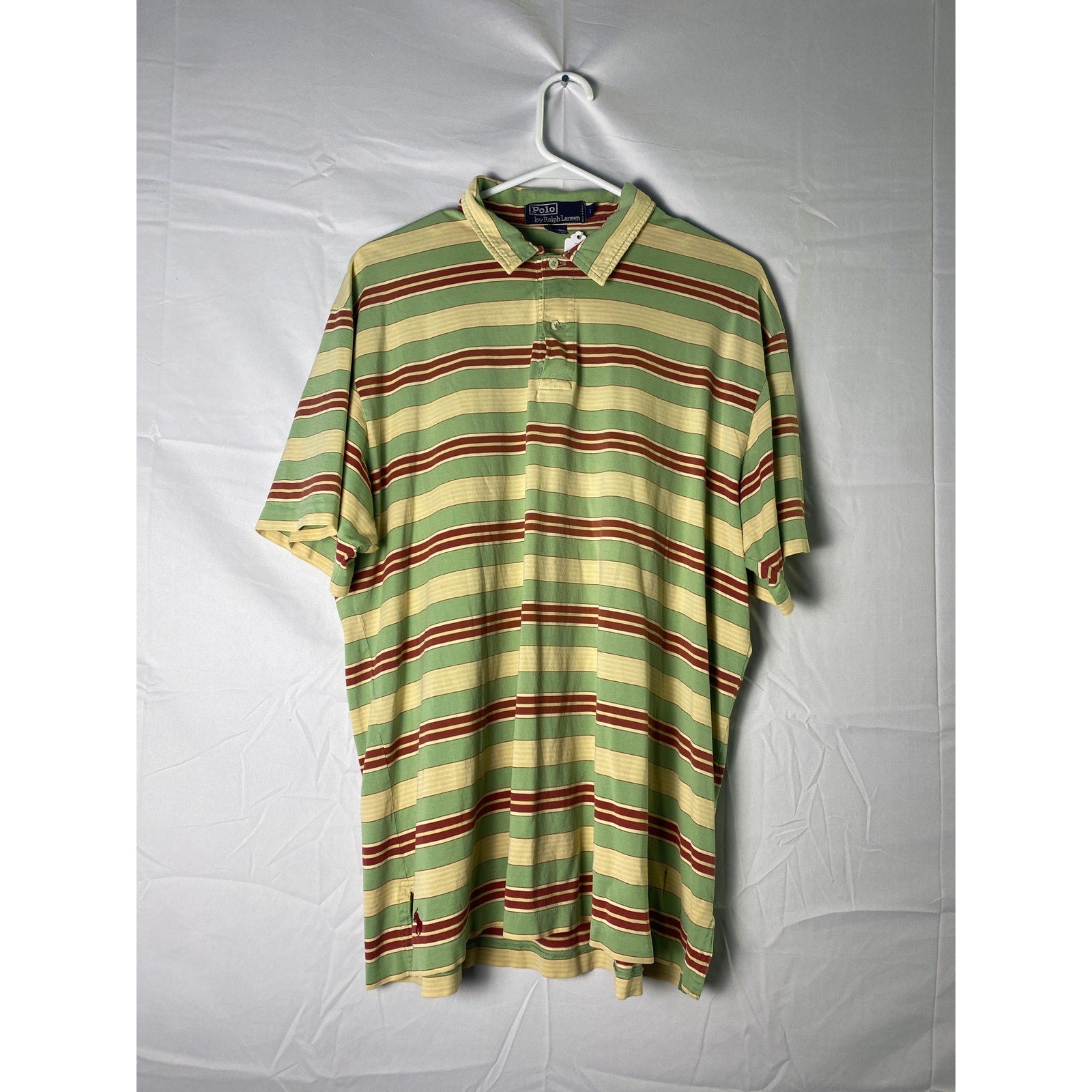 Vintage Polo Ralph Lauren Green Red Striped Polo Shirt Short Sleeve Men's Large