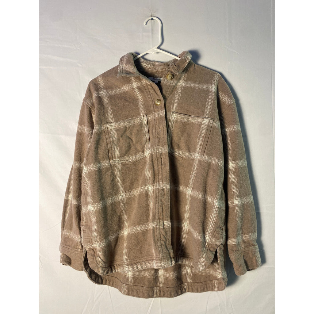 Flannel Kentwood Oversized Shirt-Jacket Windowpane Beige Plaid Heavyweight MEDIUM