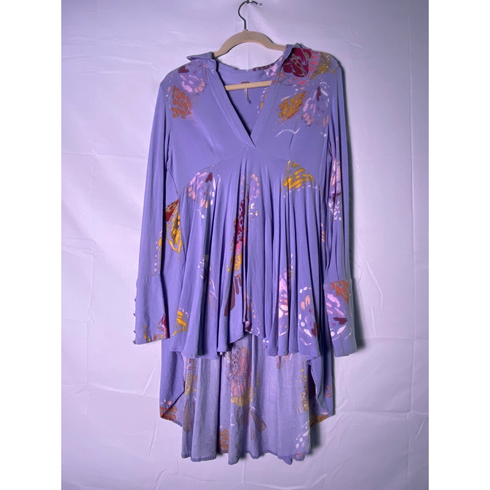 Free People Field of Butterflies Long Sleeve Blue Tunic Top Size Small