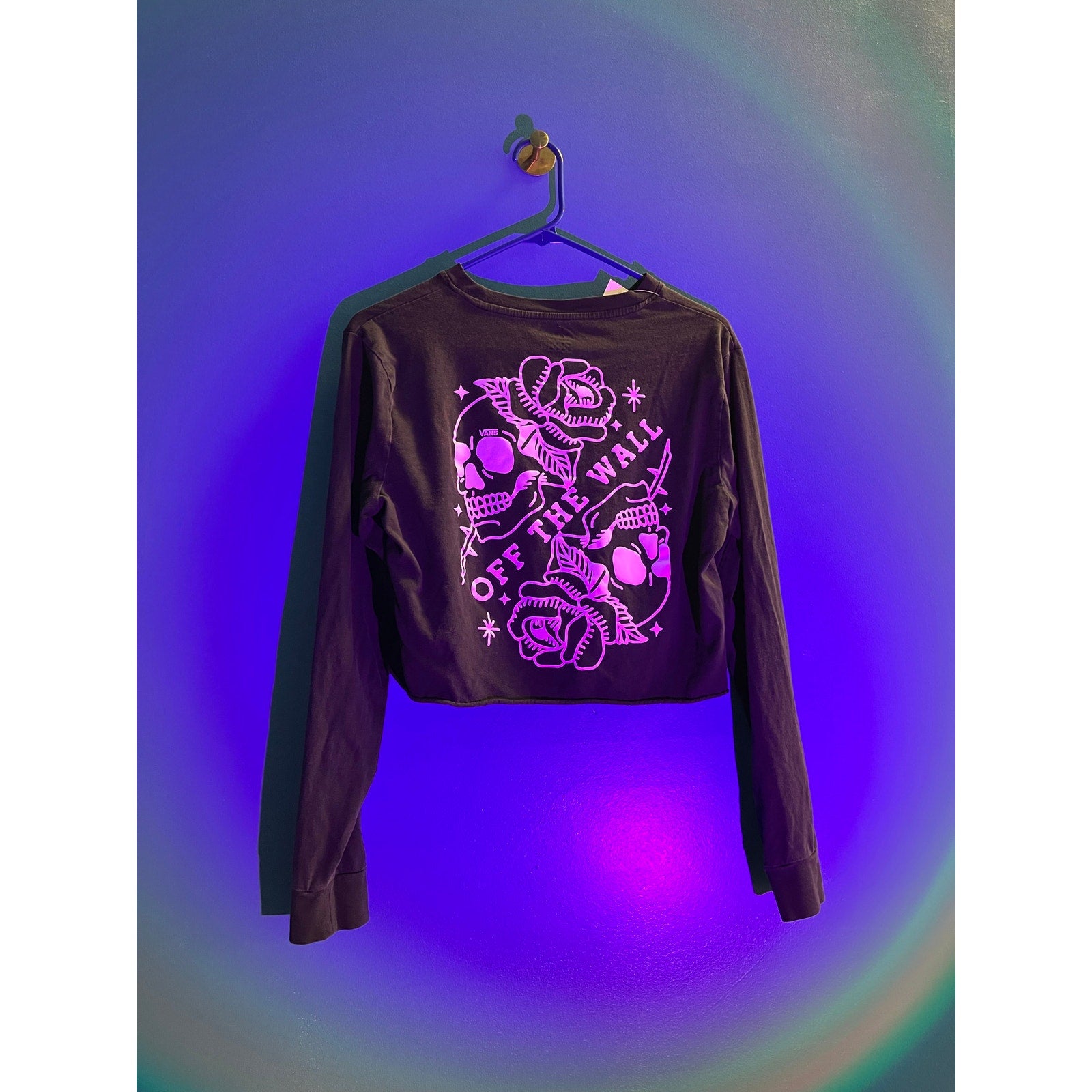 Vans Off The Wall Skull Flower Print Black Long Sleeve Black Crop Top Women's M