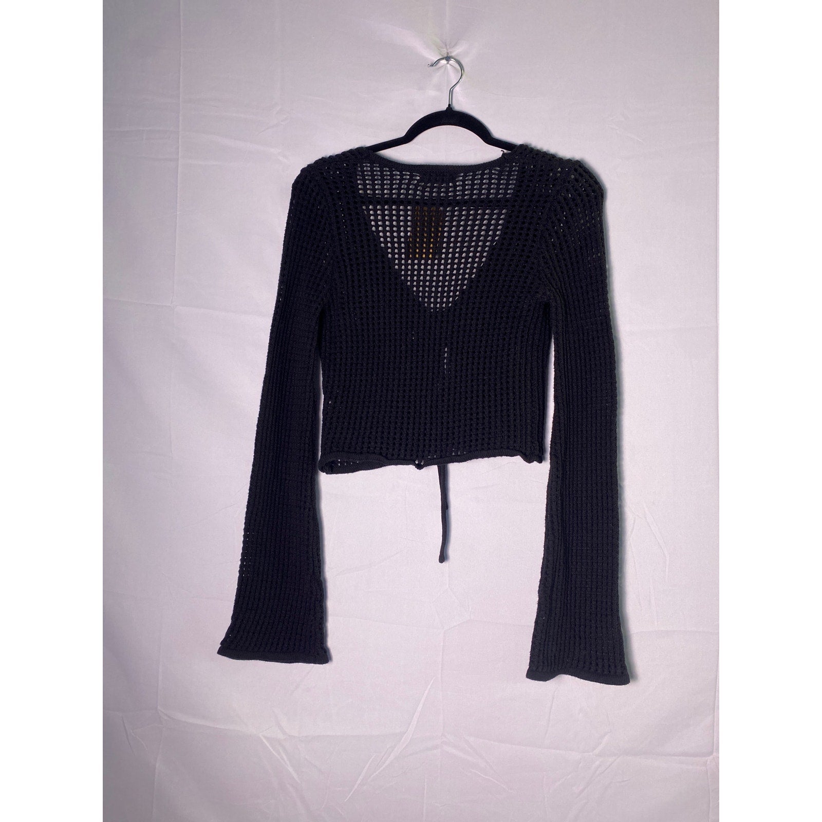 Blu Pepper Black Open Knit Cardigan Tie Front Bell Sleeves Women's Size Medium