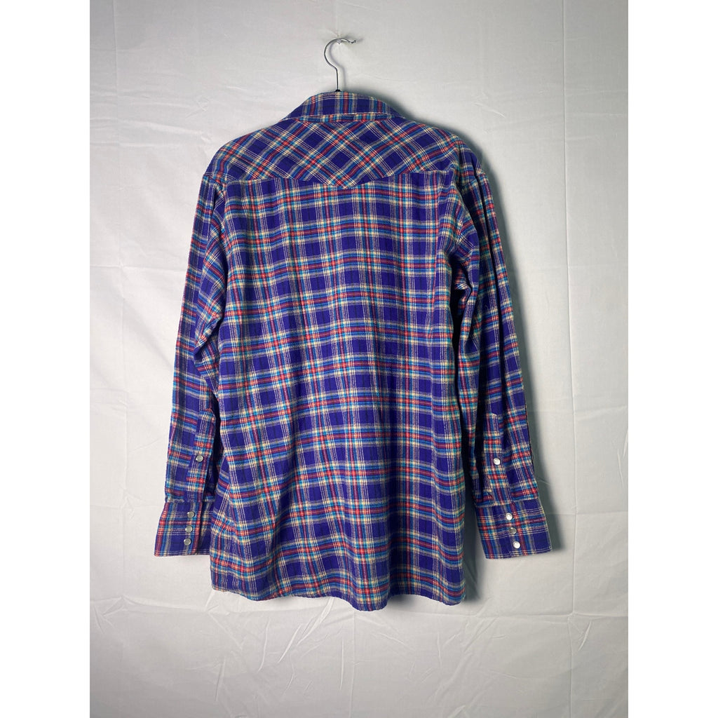Roebuck Pearl Snap Western Shirt Blue Plaid Button Up Flannel Mens 16-16.5 Large