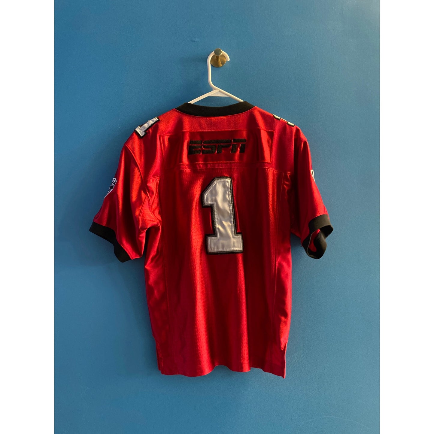 ESPN Football #1 Red Black V-neck Embroidered Jersey Youth XL or Adult S/M